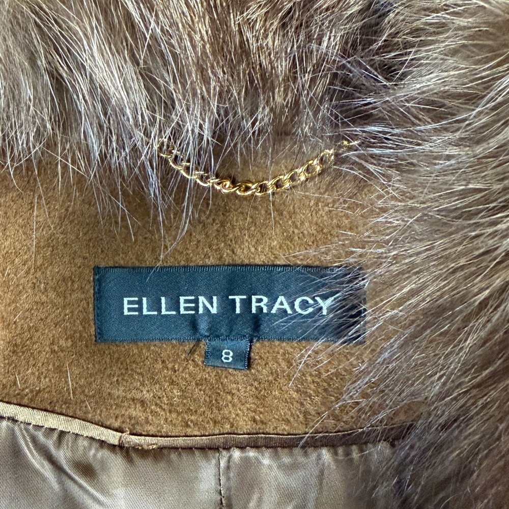 Ellen Tracy Brown Wool Long Belted Wrap Coat Women’s 8 Removable Fox Fur Collar - Picture 6 of 14